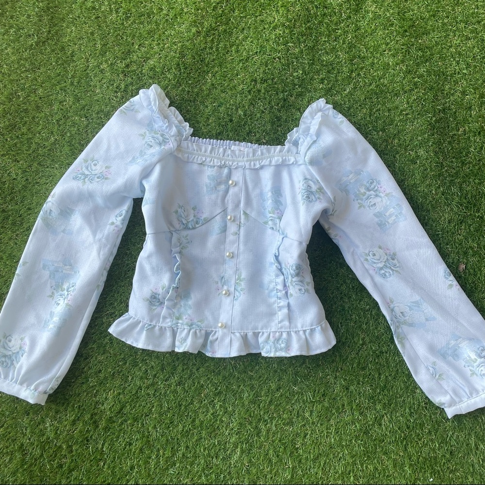 Blue liz lisa long sleeve floral flower blouse top
